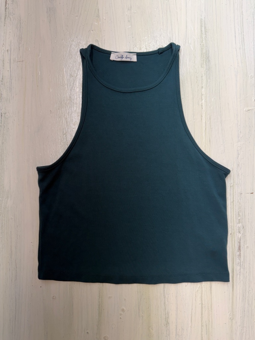 Charlotte Avery High-Neck Essential Crop Tank in Deep Green Sz L